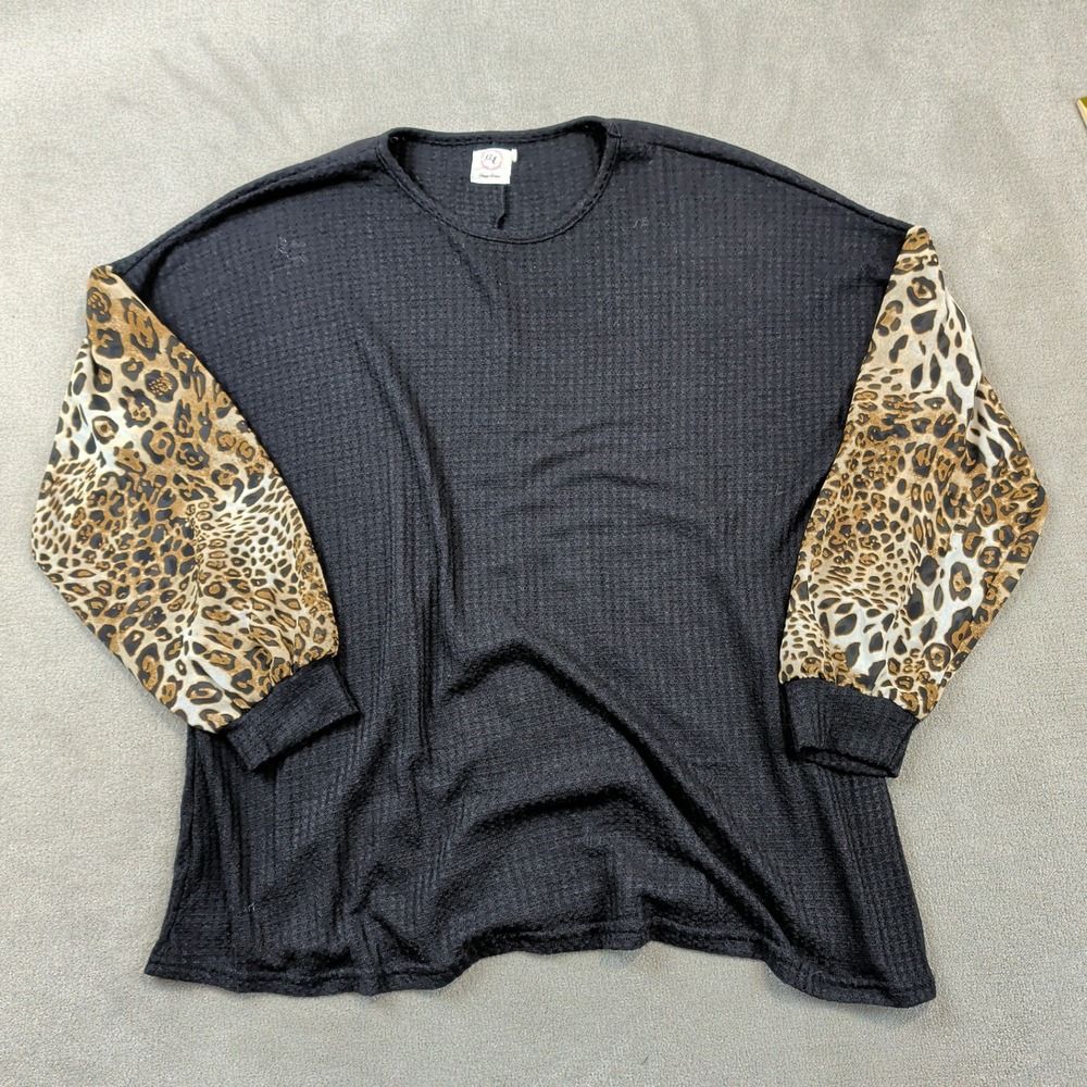 Grace & Emma XL Women Black Waffle Knit Top Leopard Print Balloon Sleeve Thermal